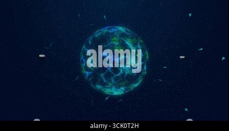 Floating wireframe sphere glowing in navy digital space, showing triangular shards and particles Stock Photo