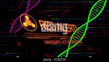 Displaying orange RED ALERT with warning icon and subtitle on panel, DNA visuals scanning streaks Stock Photo