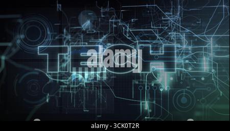 Displaying neon-blue TECH text in control panel, with grid overlay, circuit lines and data nodes Stock Photo