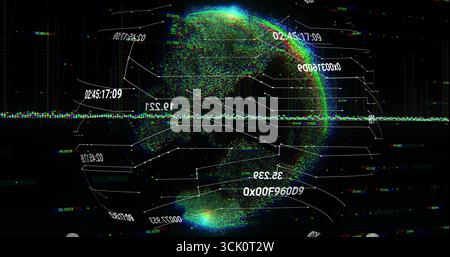 Displaying digital globe rotating in holographic display, with connecting nodes and hex codes Stock Photo