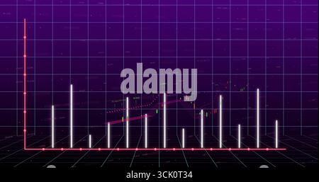 Displaying neon-themed candlestick bars in 3D grid environment showing pink trend line Stock Photo