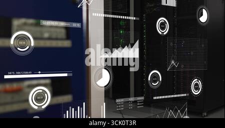 Displaying central server rack cabinet glowing status LEDs in data center room, with HUD analytics Stock Photo