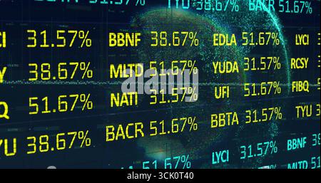 Displaying yellow code rows and percentages over grid lines on data dashboard, with wireframe globe Stock Photo