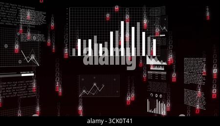 Displaying central bar chart floating over virtual grid dashboard, with line chart and binary code Stock Photo