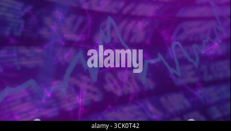 Displaying abstract light-blue line chart fluctuating over purple backdrop, with magenta nodes Stock Photo