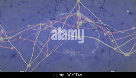 Abstract network graph flowing across world map on dashboard, showing colorful data lines and nodes Stock Photo