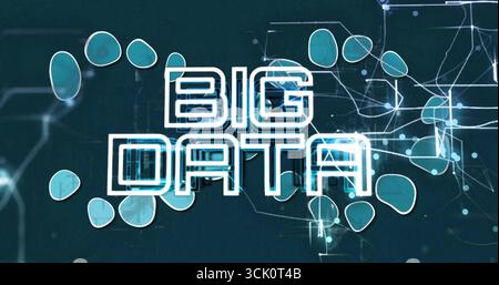 Displaying stylized text BIG DATA glowing across digital network environment, with cyan nodes theme Stock Photo