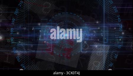 Displaying holographic data orb emitting lines on data interface with numeric ticks, data overlays Stock Photo