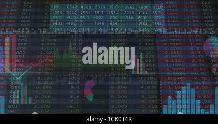 Displaying dashboard on trading platform, with numerical grid, colored line graph and bar charts Stock Photo
