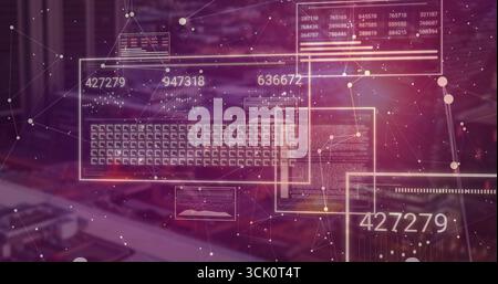 Overlaying translucent panels in control room, displaying numeric codes keyboard grid network nodes Stock Photo