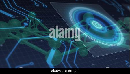 Displaying green spheres linked by rods floating on dark grid with blue circuits, holographic panel Stock Photo