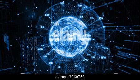 Floating holographic globe rotating within dark grid, orbiting numeric data rings and code snippets Stock Photo