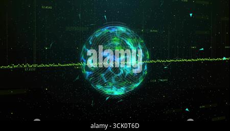 Floating neon polygonal sphere intersecting horizontal dataflow in cyberspace with numeric labels Stock Photo