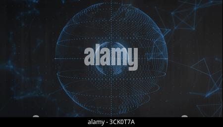 Showing double layered digital sphere floating in network space, linking nodes and mesh shapes Stock Photo