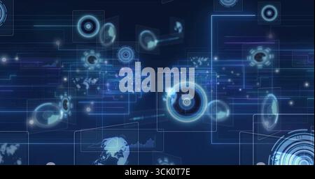 Rotating circular interface element in virtual space with panels, network lines, glowing particles Stock Photo