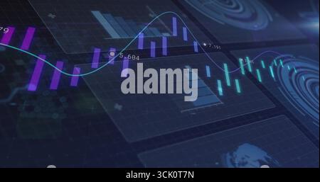 Displaying composite data charts on virtual dashboard, with translucent panels and numeric labels Stock Photo