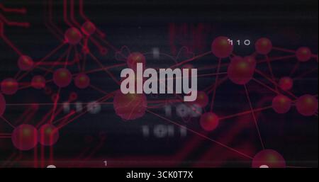 Displaying tech HUD showing red nodes connecting thin red lines, with binary digits overlay Stock Photo