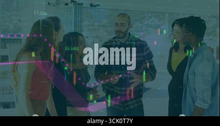 Discussing group of five professionals analyzing financial chart overlays on glass board in office Stock Photo