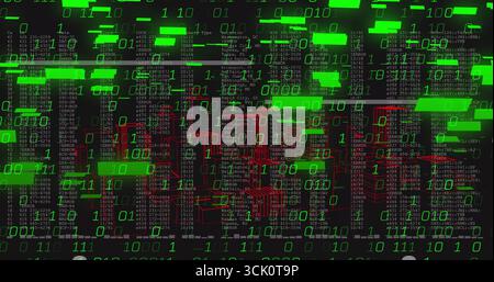 Projecting green binary digits over red wireframe cubes on grid backdrop, adding white system code Stock Photo