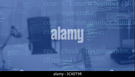Displaying transparent C++ code snippets streaming over office desk, with monitor keyboard visible Stock Photo