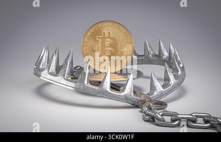 3d Golden bitcoin bear trap isks and dangers Stock Photo