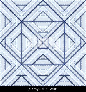 Square seamless geometric pattern of lines. Blue gray pattern. Complex patchwork style background. Grey patches and dark blue finishing stitch Stock Vector