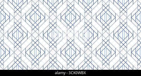 Blue straight intersecting lines on white background. Complex ornament of repeating lines. Geometric seamless pattern. Clean monochrome background. Stock Vector