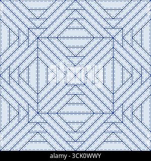 Square seamless geometric pattern of lines. Blue gray pattern. Complex patchwork style background. Grey patches and dark blue finishing stitch Stock Vector