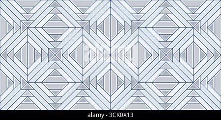 Gray stripes and blue outlines on white background. Ornament of diagonal lines and triangles. Square geometric seamless pattern. Background in calm co Stock Vector