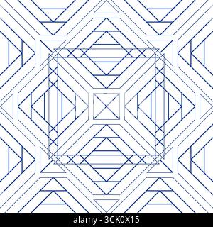 Blue straight intersecting lines on white background. Square complex ornament of repeating lines. Geometric seamless pattern. Clean monochrome backgro Stock Vector
