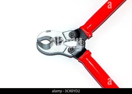 Large powerful manual bolt cutter for cutting steel cables isolated on white background, close up Stock Photo
