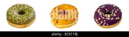 Three Colorful green, orange and brown Glazed Donuts with Different Toppings on white Background Stock Photo