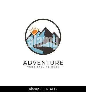 Adventure Travel Logo with Mountain, Sun, and River for Tourism Stock Vector