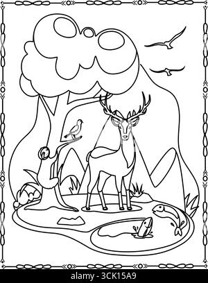 Cartoon illustration of a deer walking in the tall grass under a big tree, looking for food, a book, or a page for kids. Stock Vector