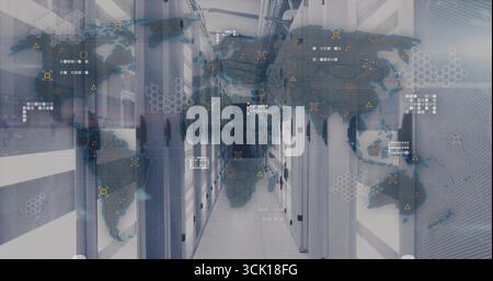 Displaying central server racks showing network overlay in secure data center, with LED lights Stock Photo