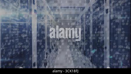 Displaying data center corridor revealing server cabinets and blinking LEDs under binary overlay Stock Photo
