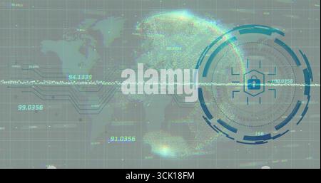 Displaying hexagon padlock icon overlaying world map on security panel with HUD stream, copy space Stock Photo