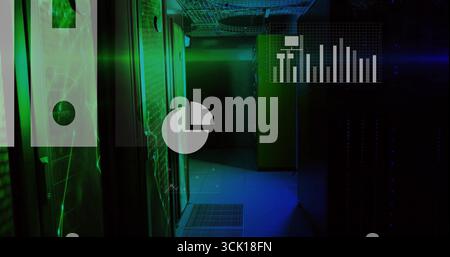 Illuminating server racks with mesh doors, LEDs glowing green in server room aisle, graph overlay Stock Photo