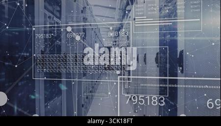 Displaying central server racks streaming numeric data at data center hallway with network cables Stock Photo