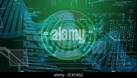 Featuring 3D eye-like form showing code in virtual interface with DNA helix, hexagonal wireframes Stock Photo
