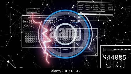 Displaying central circular HUD with grid on screen, showing numeric data, pink arc, network panels Stock Photo