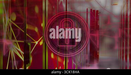 Floating pink padlock icon glowing in circles in data center corridor, with red network lines Stock Photo