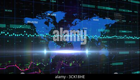 Displaying digital world map glowing on virtual trading dashboard, with candlestick chart elements Stock Photo