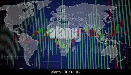 Displaying global market charts on trading display, with map outlines and candlestick bars Stock Photo