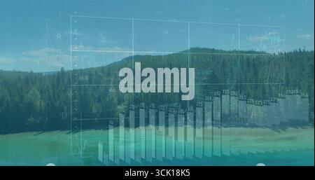 Displaying 3D bar graph with numeric labels and line chart over lake with forest, hills, analytics Stock Photo