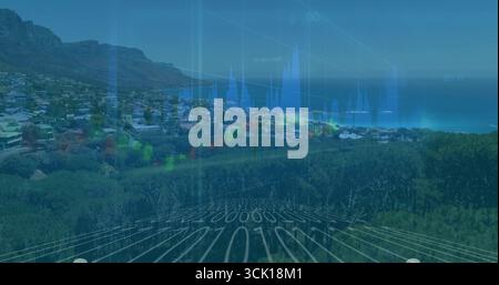Showing translucent line graph overlay over coastal homes, with candlestick and binary code Stock Photo