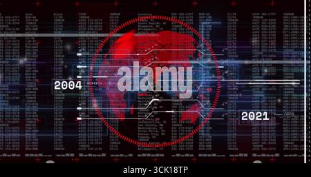Displaying red world map encircled by HUD target on virtual dashboard, with timeline years and code Stock Photo
