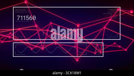 Displaying neon pink network showing glowing nodes in digital UI, with HUD panels displaying 711560 Stock Photo