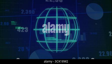 Floating wireframe globe rotating in analytics panel with bar and pie segments and numeric overlays Stock Photo