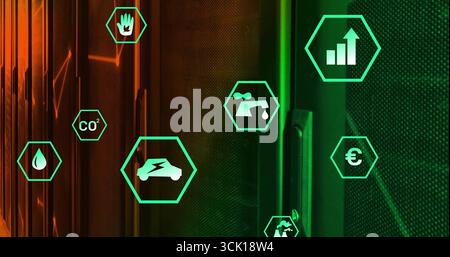 Hovering green hexagon icons showing metrics in data center corridor, with LED-lit server cabinets Stock Photo